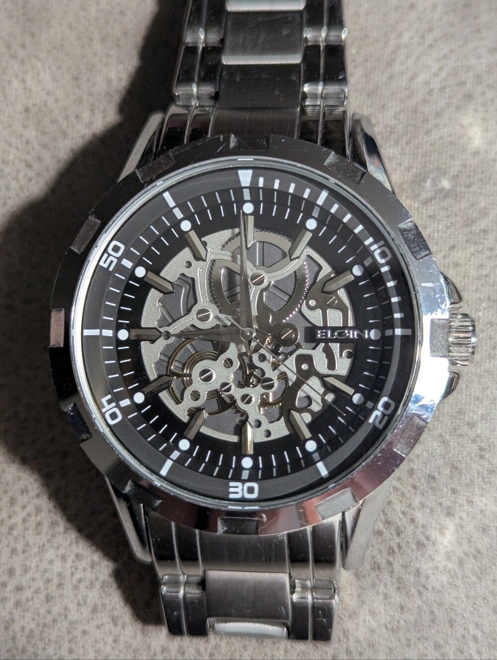 Unisex Silver & Black Skeleton Dial Quartz Watch by Elgin